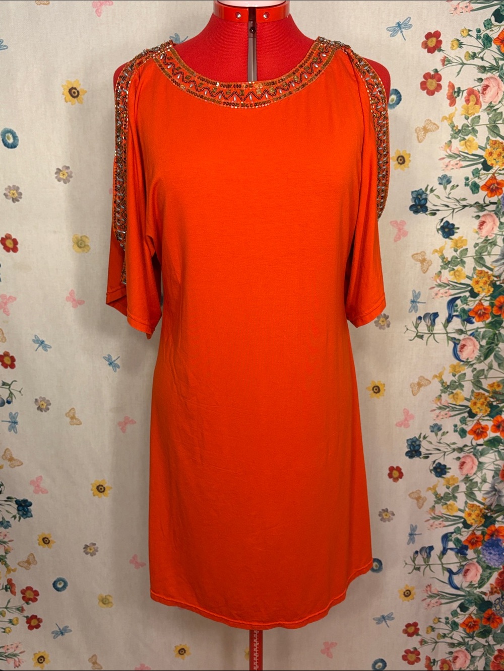 Boston Proper - Orange Beaded Open Sleeves Classy Party Dress Size Medium